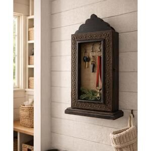 Vintage 1940s Wooden Wall Cabinet w/ Hammered Metal & Glass Door